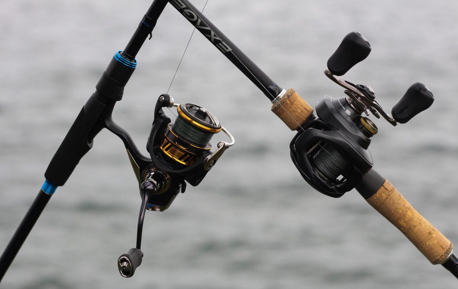 Baitcaster and spinning reel side by side